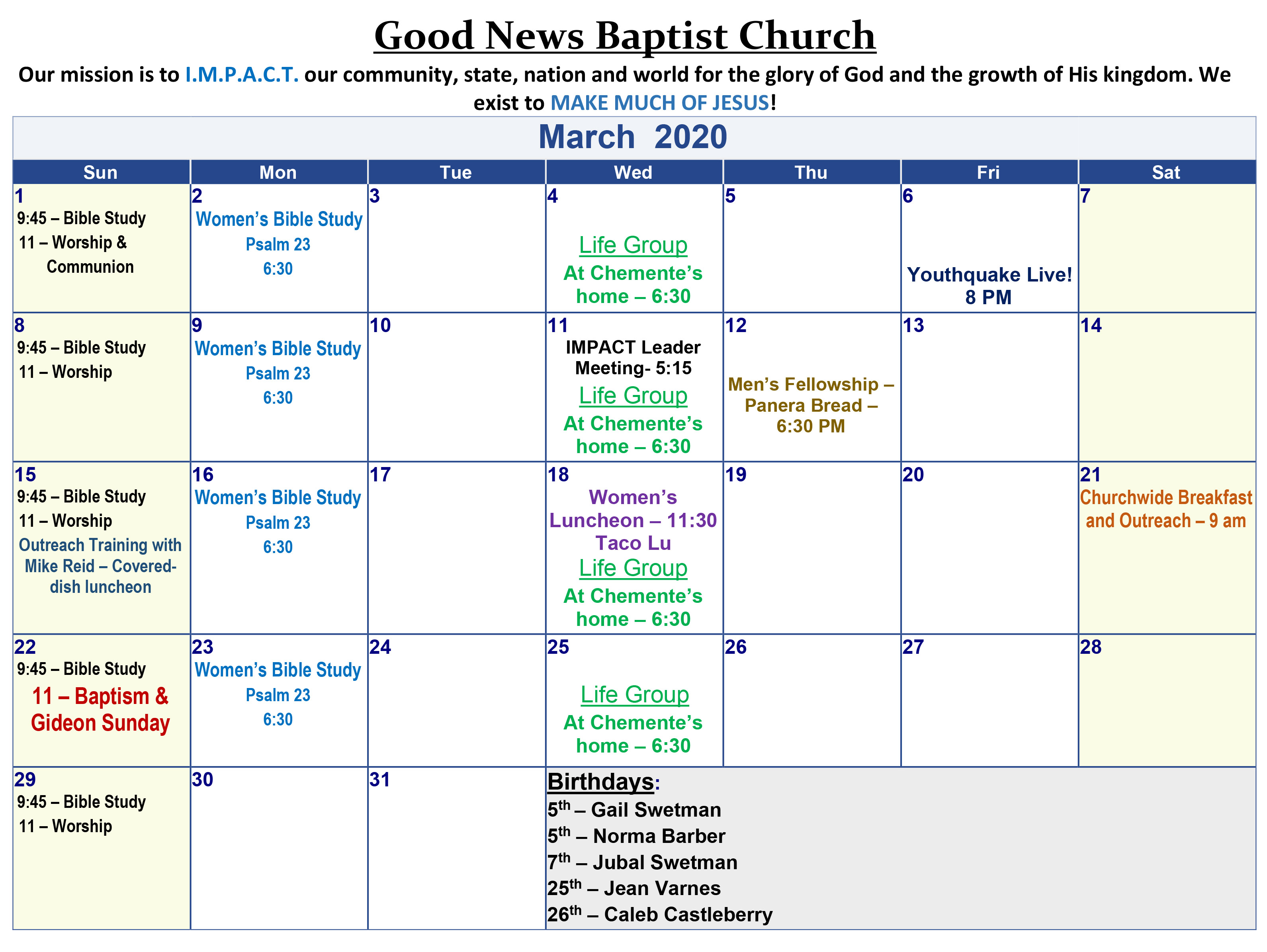 Church Event Calendar Template